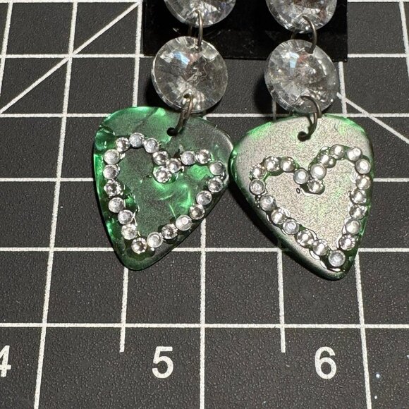 Green guitar pick dangle earrings with crystal and rhinestone embellishments - Picture 3 of 5